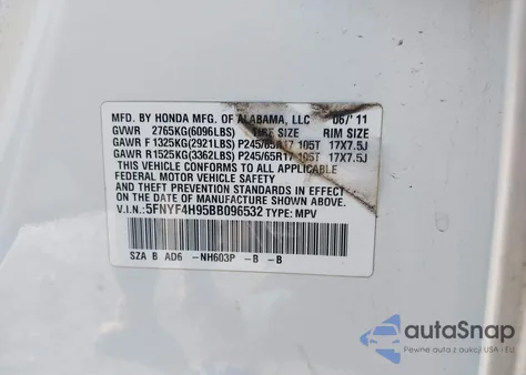 2011 Honda Pilot Touring из США, поврежденный, VIN 5FNYF4H95BB096532